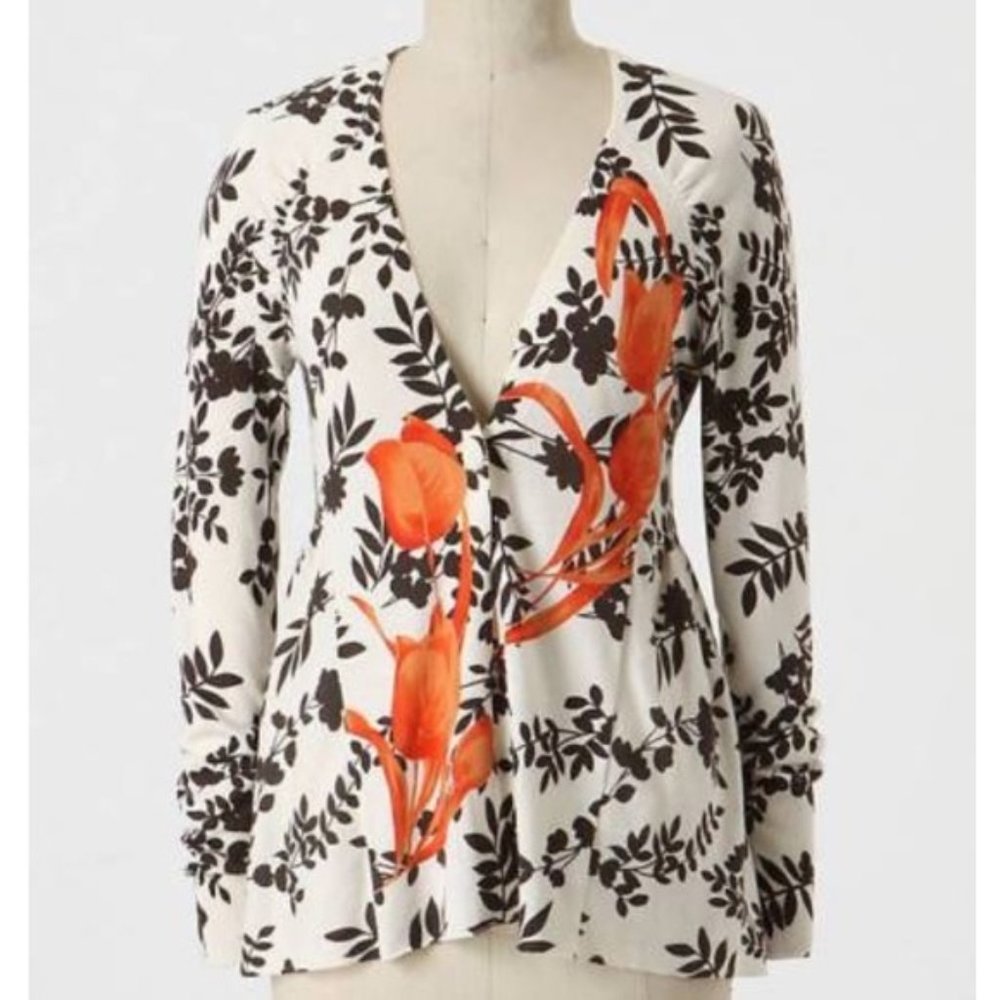 ANTHROPOLOGIE SPARROW sz XL Plum Blossom black white red cardigan EUC